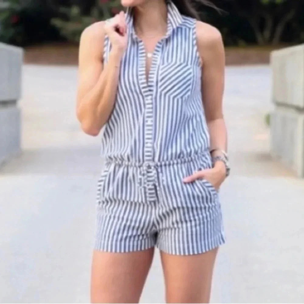 Abercrombie & Fitch Blue and White Striped Sleeveless Romper